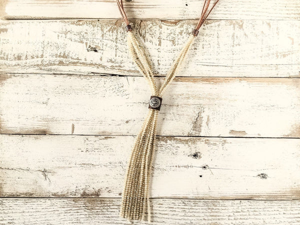 Boho Sparkly Cream Crystal Leather Necklace