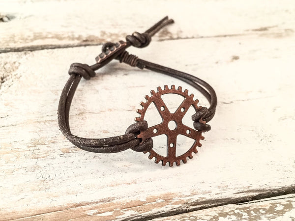 Gear Bracelet, Steampunk Bracelet, Leather Boho Bracelet B055