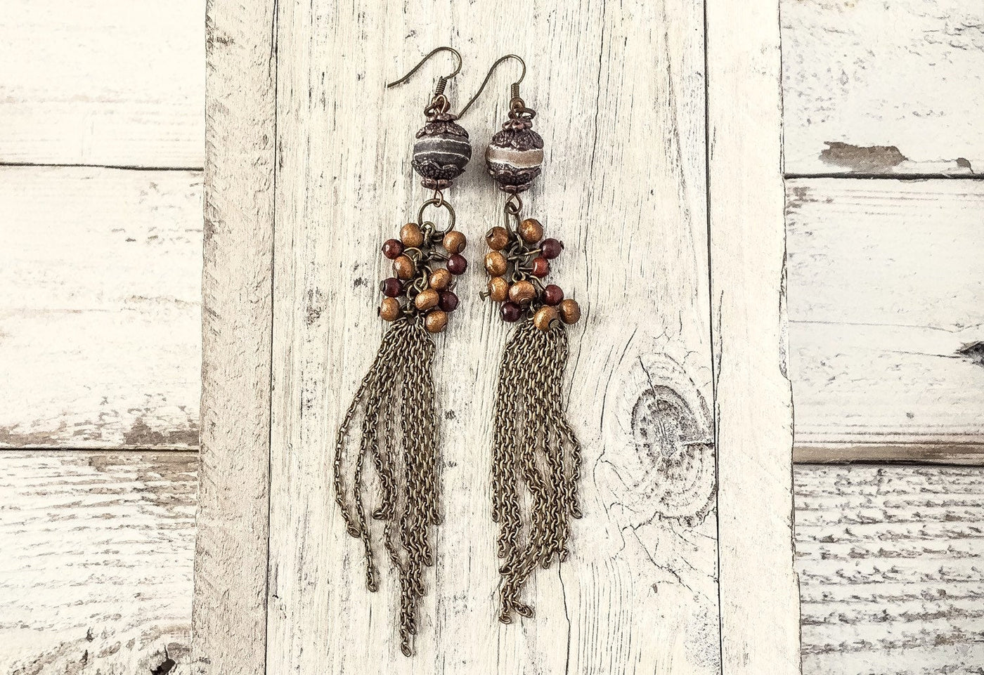 Agate Chain Tassel Earrings, Gypsy Long Earrings, Gypsy Tassel Earrings, Bohemian Agate Earrings, Hippie Earrings, Boho Earrings, E043