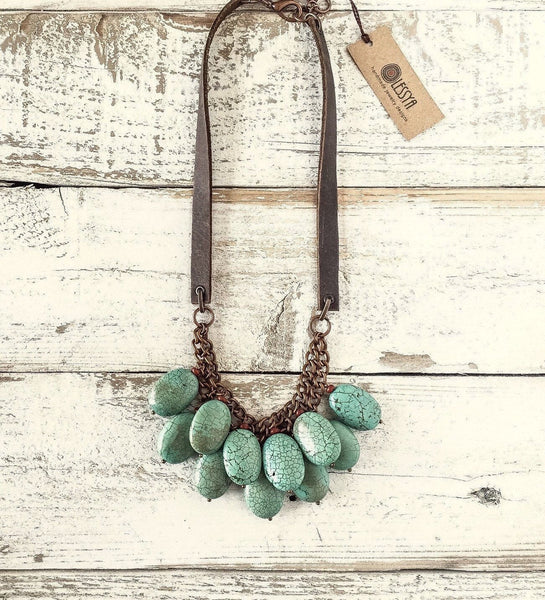 Turqoise Leather Necklace, Statement Necklace, Boho Earthy Necklace, Gift Necklace, Blue Stone Necklace, N110.4