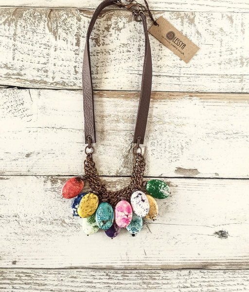 Colorful Stone Necklace, Statement Leather Necklace, Boho Rustic Necklace, Girlfriend Gift Necklace, Multicolor Mom Necklace, N110.1