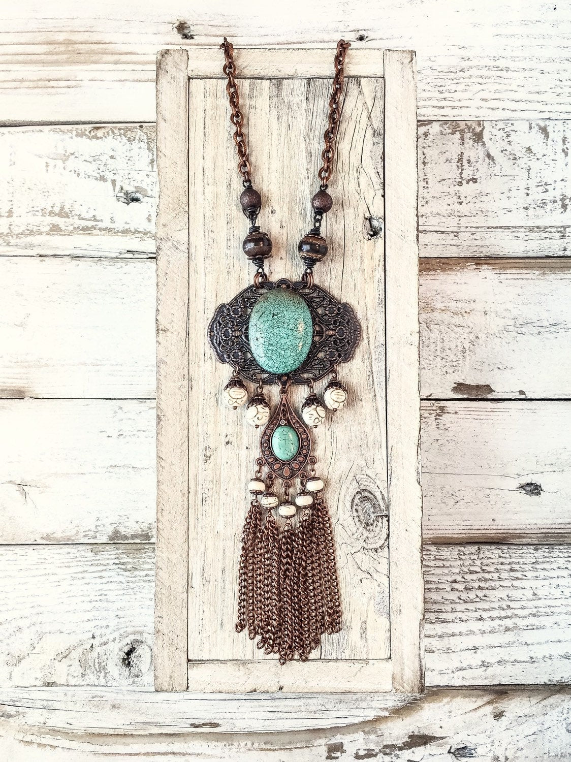 Turquoise Stone Necklace, Bohemian Statement Necklace, Gypsy Long Necklace, Rustic Style Necklace, Blue Filigree Necklace, N213.2