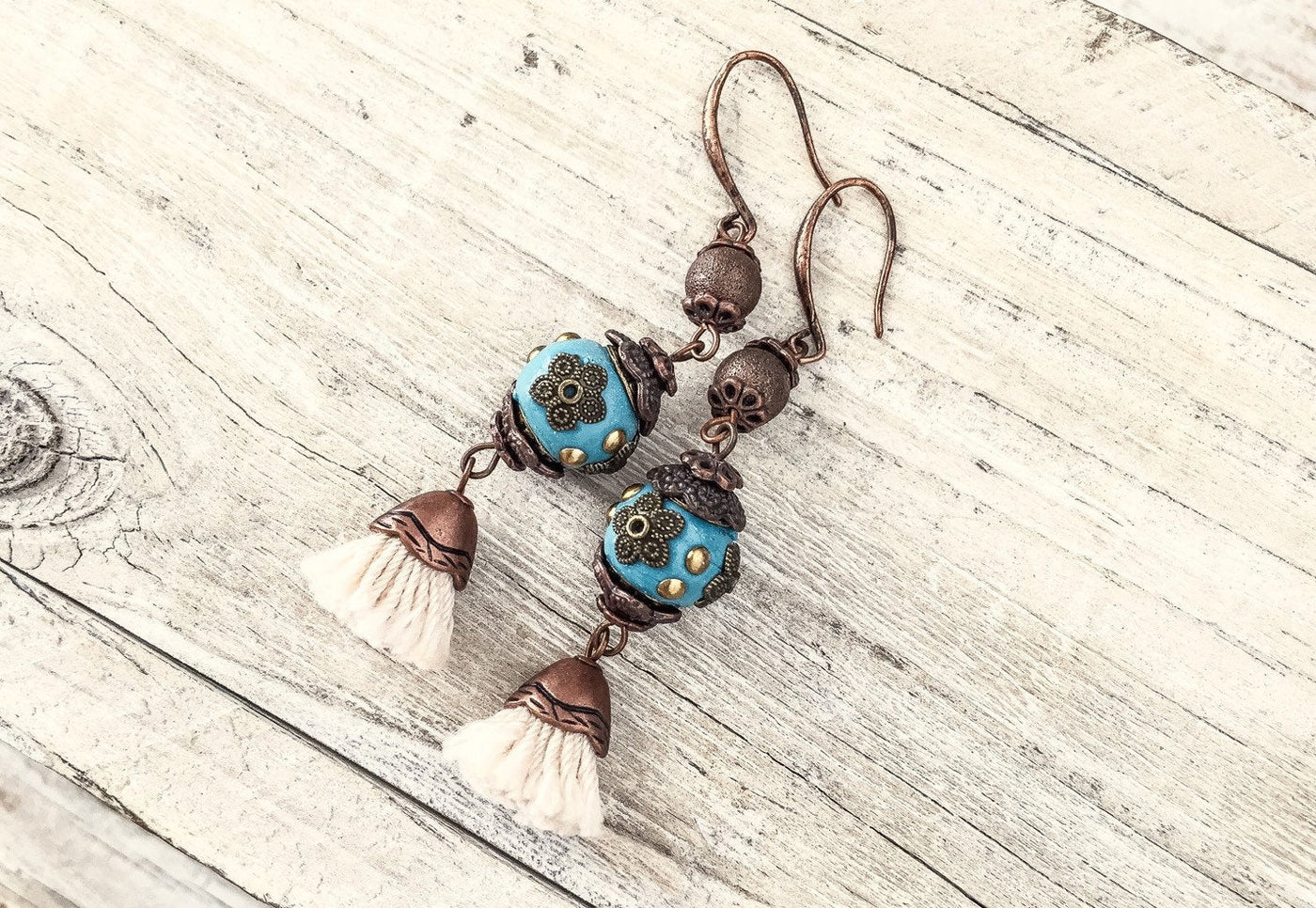 Gypsy Blue Tassel Earrings, Turquoise Earrings, Flower Gypsy Earrings, Bohemian Earrings, Blue Clay Earrings, Blue Boho Earrings, E030