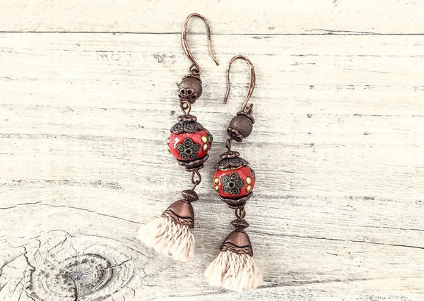 Gypsy Red Tassel Earrings, Red Earrings, Flower Gypsy Earrings, Bohemian Earrings, Red Clay Earrings, Boho Earrings, E030