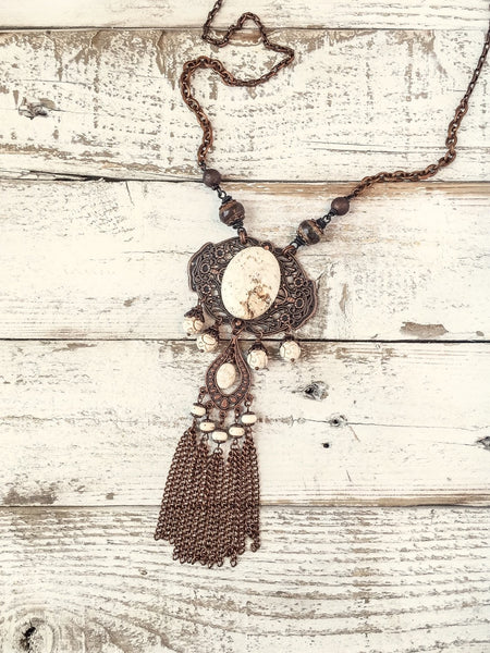 White Stone Necklace, Bohemian Statement Necklace, Gypsy Long Necklace, Rustic Style Necklace, White Filigree Necklace, N213.1