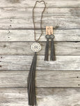 Jade Leather Bohemian Gypsy Ethnic Statement Necklace, Carved Stone Boho Big Gray Fringe Long White Pendant