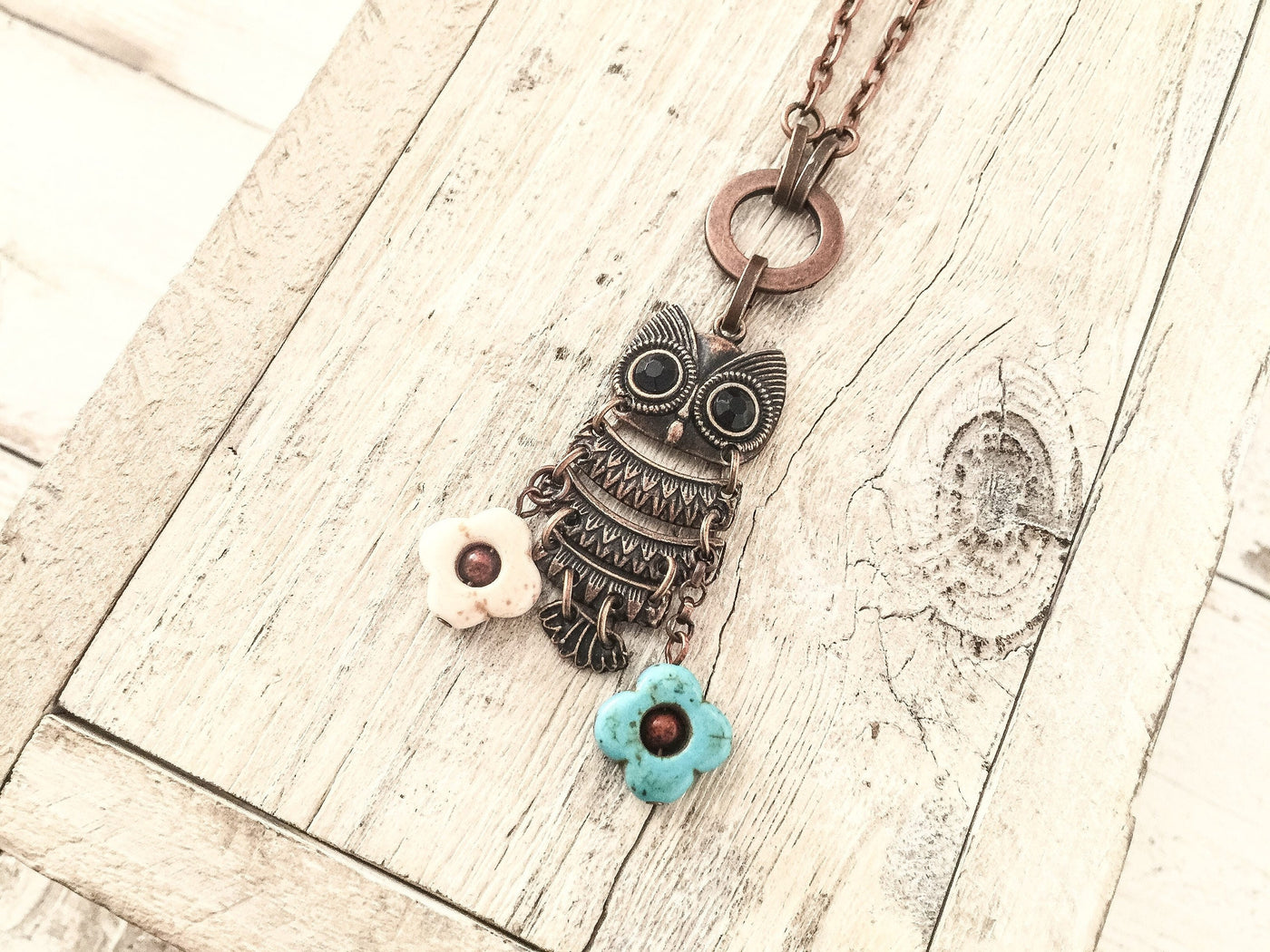 Boho Owl Pendant, Owl Gift Necklace, Owl Lover Necklace, Owl and Flower Pendant, N140