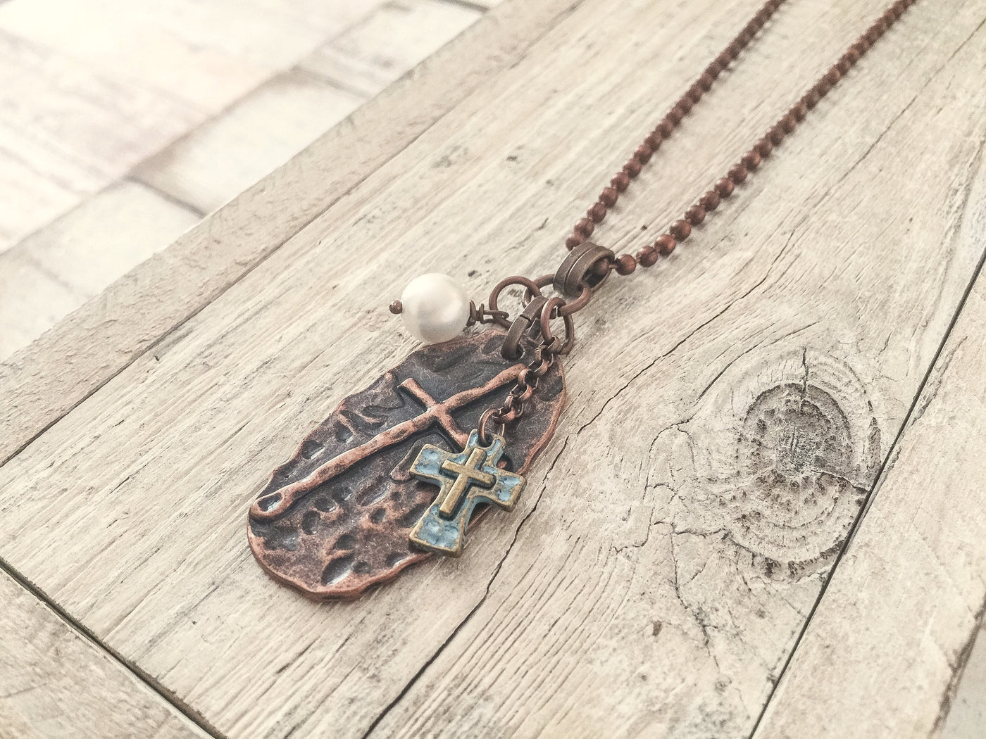Cross Pearl Pendant - Copper Metal Bohemian Distressed Spiritual Rustic Earthy Boho Christian Necklace Men Women Unisex Handmade Jewelry
