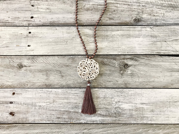 Jade Tassel Necklace, Gypsy Statement Necklace, Tribal Carved Necklace, Long White Stone Bohemian Necklace