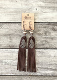 Leather Fringe Feather Bone Earrings - Tribal Ethnic Gypsy African Native American Indian Long Hand-Carved Statement Boho Eclectic Jewelry