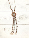 Ethnic Leather Amazonite Bronzite Tassel Multi Strand Boho Necklace