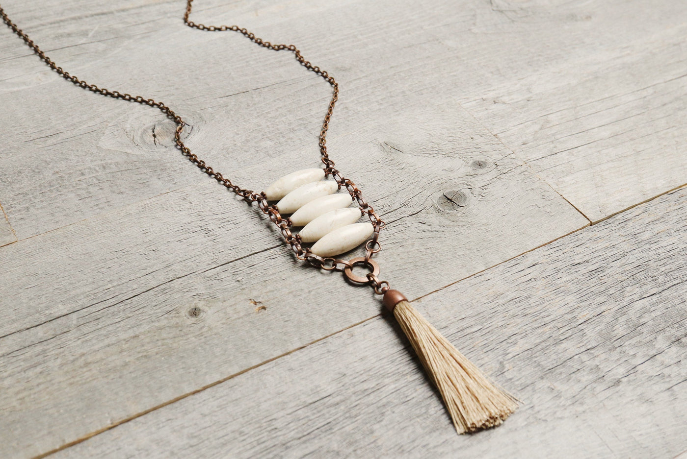 White Stone Tribal Boho Gypsy Ethnic Tassel Necklace