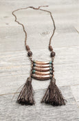 Jasper Tube Tassel Boho Necklace - Blue Gypsy Copper Hippie Tribal Ethnic Long Unique Gemstone Statement Bohemian Layered Handmade Jewelry