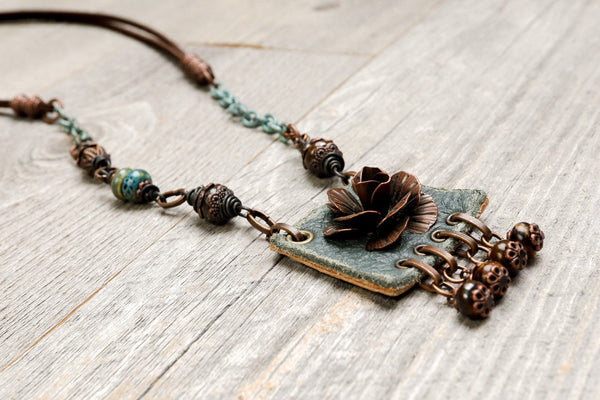Flower Leather Boho Necklace - Gray Blue Gypsy Bronzite Stone Eclectic Hippie Distressed Gemstone Statement Bohemian Rustic Handmade Jewelry
