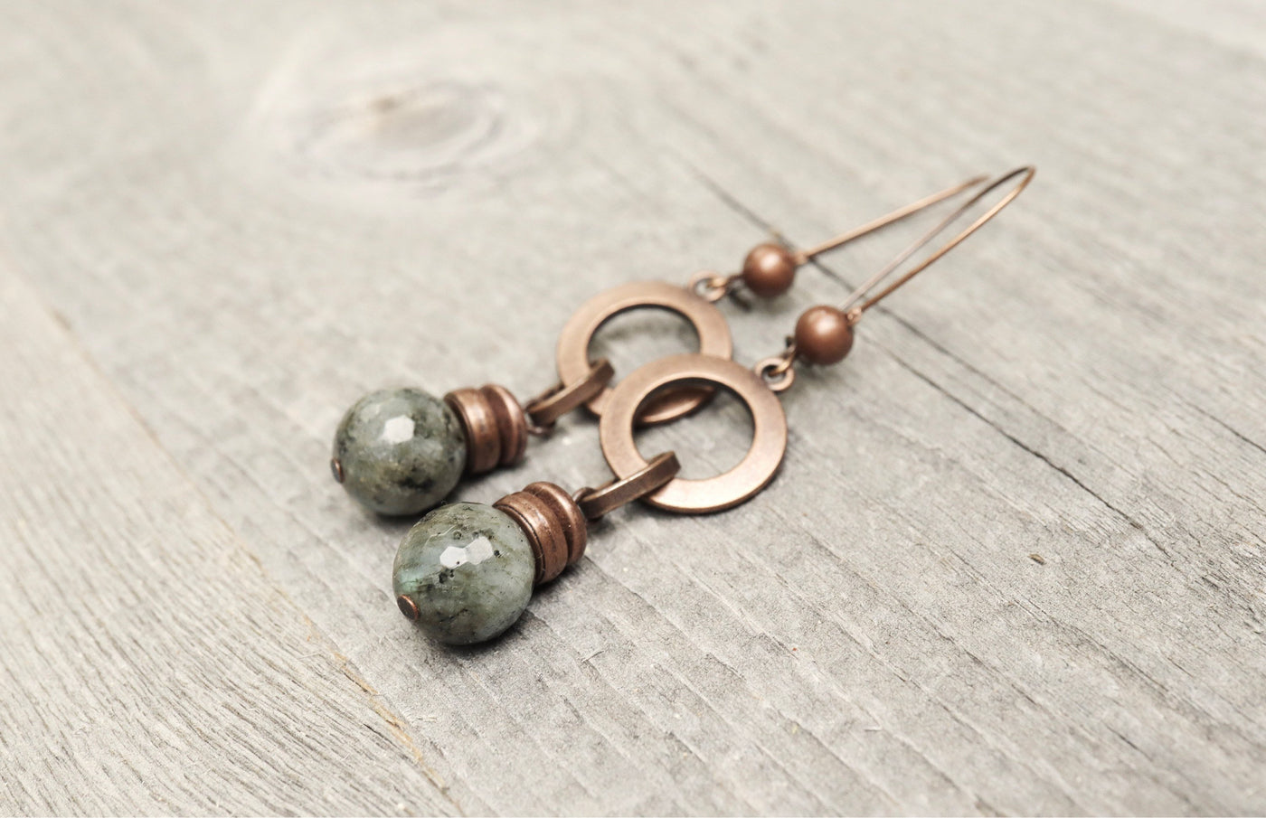 Labradorite Copper Gray Natural Stone Loop Ring Boho Gypsy Earrings - Simple Earthy Handmade Circle Metal Round Bohemian Rustic Jewelry