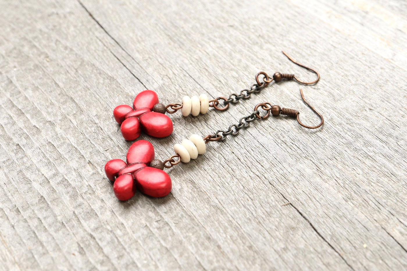 Red Butterfly Stone Boho Earrings - White Cute Lovely Elegant Bohemian Valentine's Day Gift for Her Rustic Unique Lover Long Dangle Jewelry