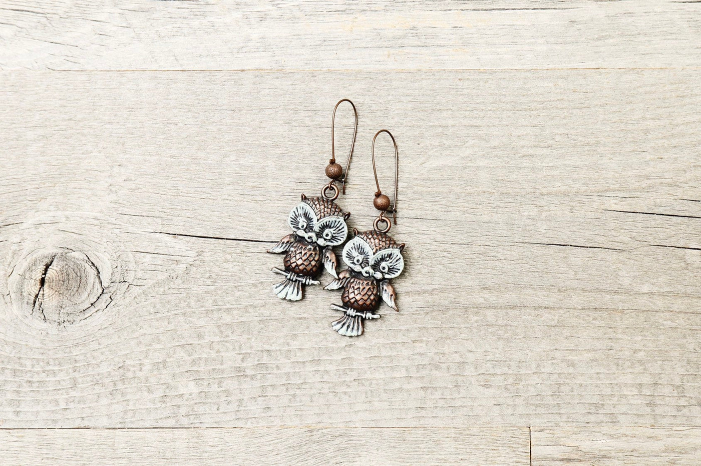Blue Patina Owl Boho Earrings - Antique Metal Bird Cute Lovely Quirky Dangle Gypsy Hippie Unique Statement Bohemian Rustic Handmade Jewelry