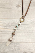 Amazonite Quartz Crystal Agate Boho Gypsy Leather Necklace - Long Tribal Bohemian Aqua Blue Earring Set Copper Wired Statement Earthy Women