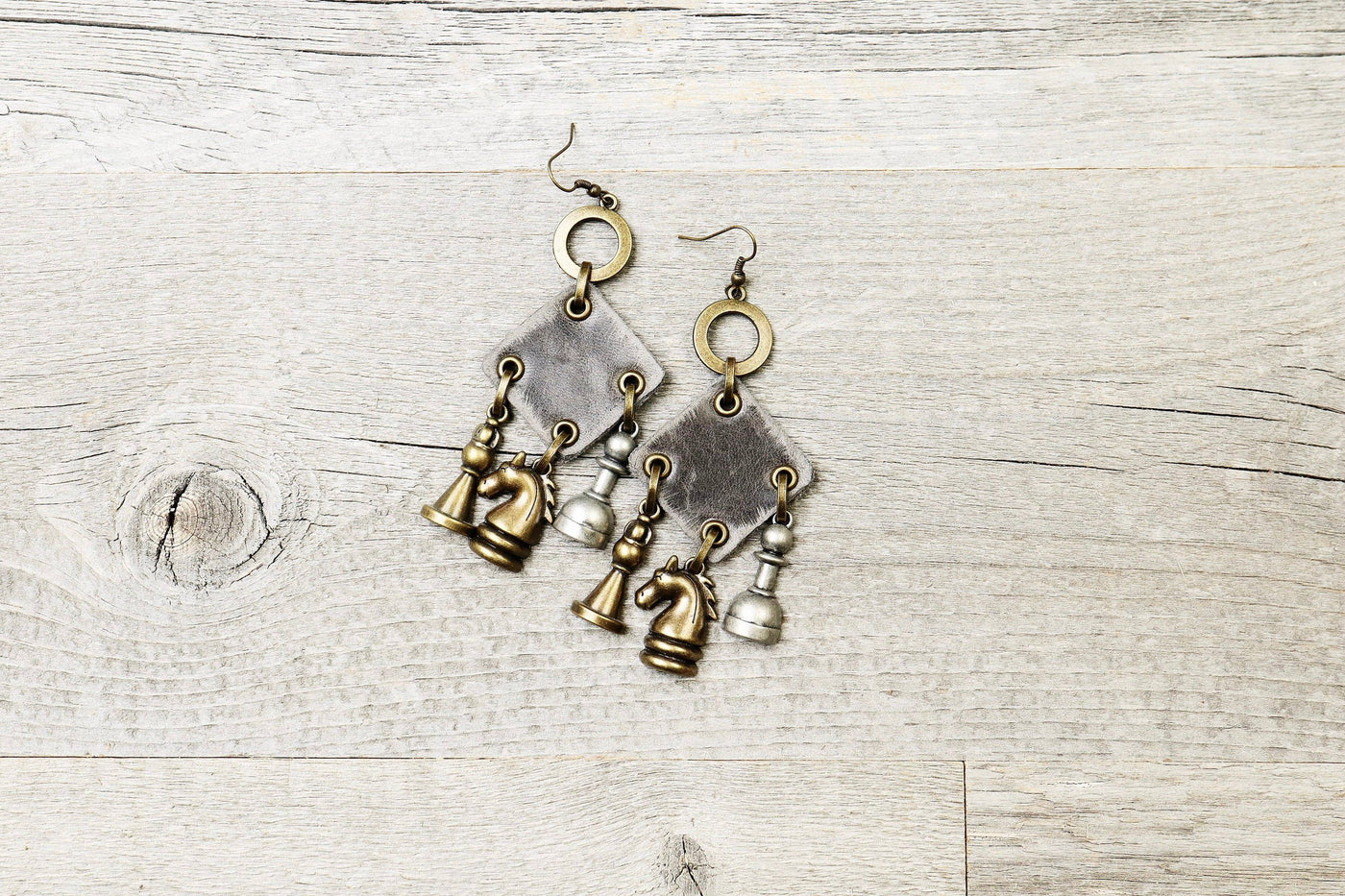 Chess Piece Leather Boho Earrings - Knight Bishop Pawn Horse Game Statement Gray Smart Gift for Her Square Unique Bohemian Handmade Jewelry