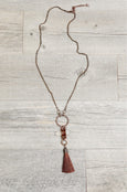 Quartz Crystal Leather Tassel Boho Necklace - Long Gypsy Spike Pendant Hippie Unique Gemstone Statement Bohemian Rustic Handmade Jewelry Set