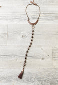 Brown Hematite Tassel Leather Necklace, Stone Choker - Matte Metallic Unique Boho Statement Tribal Gypsy Gemstone Long Bohemian Chic Jewelry