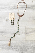 Green Blue Hematite Tassel Leather Necklace, Boho Statement Gypsy Stone Choker Matte Metallic Gemstone Unique Original Bohemian Chic Jewelry