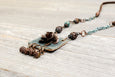 Flower Leather Boho Necklace - Gray Blue Gypsy Bronzite Stone Eclectic Hippie Distressed Gemstone Statement Bohemian Rustic Handmade Jewelry