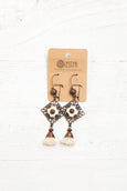 White Flower Square Filigree Tassel Earrings - Light Copper Dangle Cute Lovely Gift for Women Boho Gypsy Ethnic Bohemian Handmade Jewelry