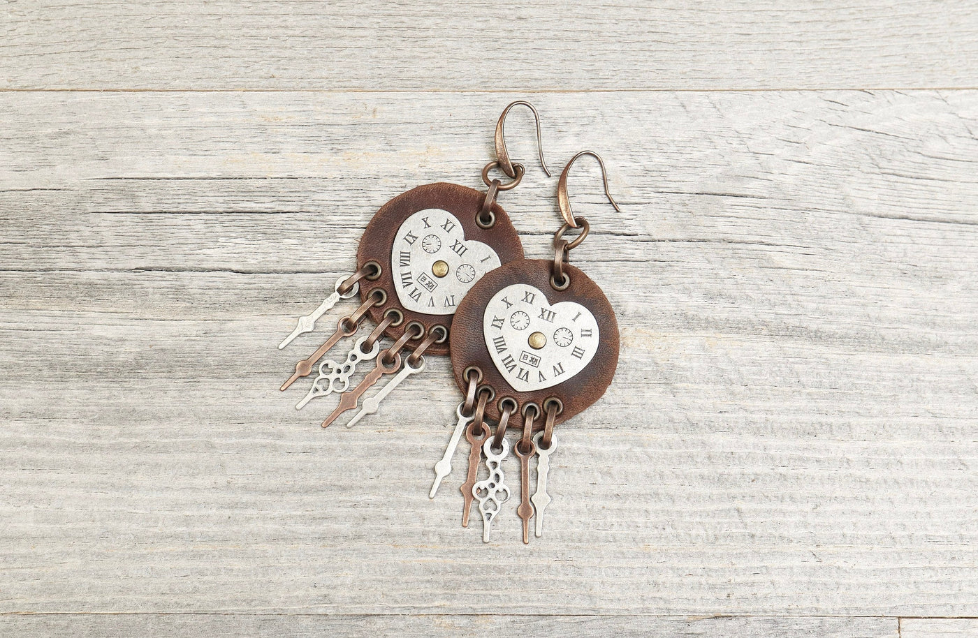 Steampunk Clock Leather Earrings -  Boho Gypsy Earthy Hippie Unique Round Big Disk Circle Watch Statement Bohemian Rustic Handmade Jewelry