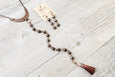 Brown Hematite Tassel Leather Necklace, Stone Choker - Matte Metallic Unique Boho Statement Tribal Gypsy Gemstone Long Bohemian Chic Jewelry