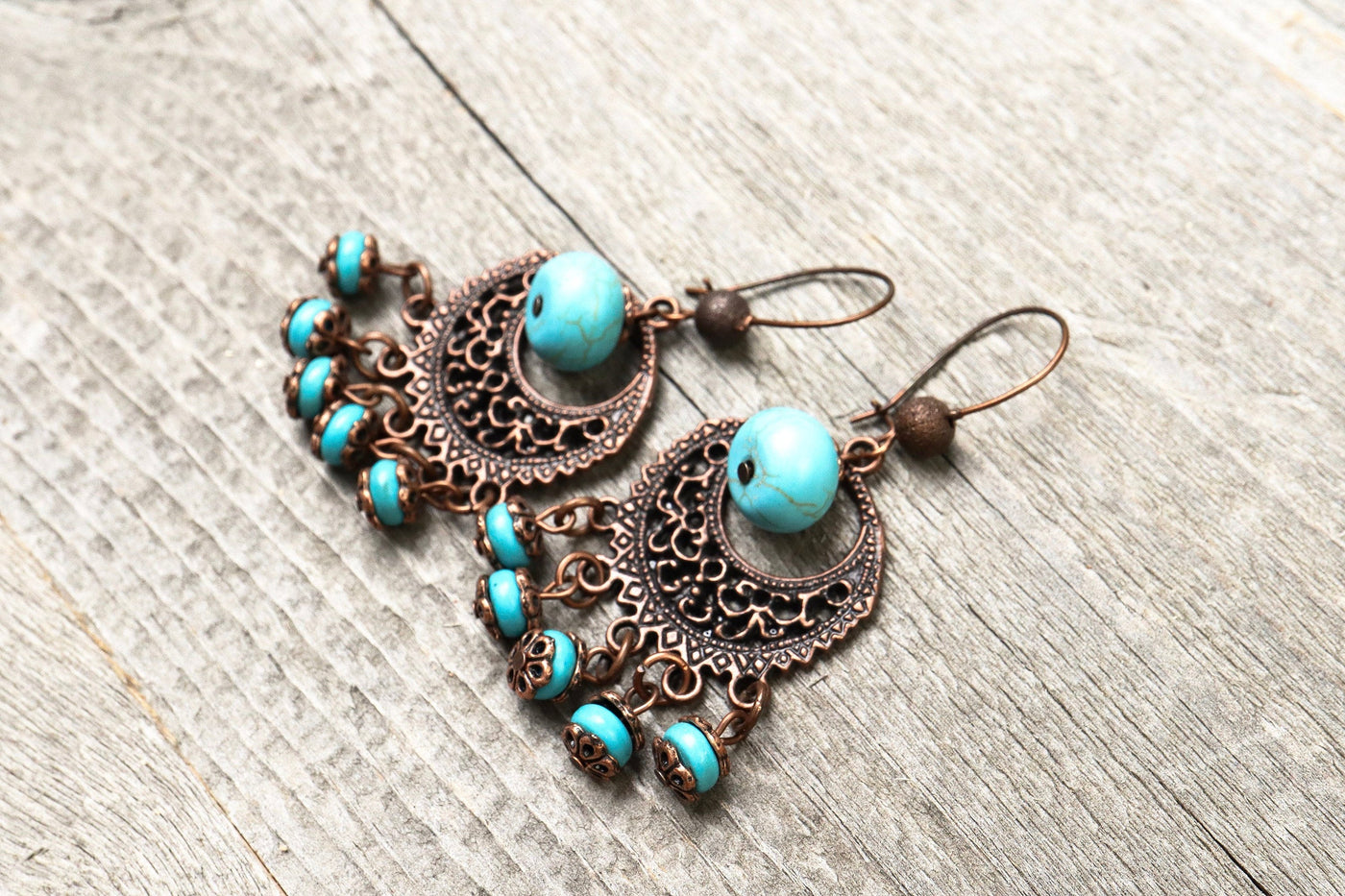 Boho Filigree Blue Stone Earrings - Turquoise Earthy Metal Dangle Antique Gypsy Vintage Hippie Statement Bohemian Rustic Handmade Jewelry