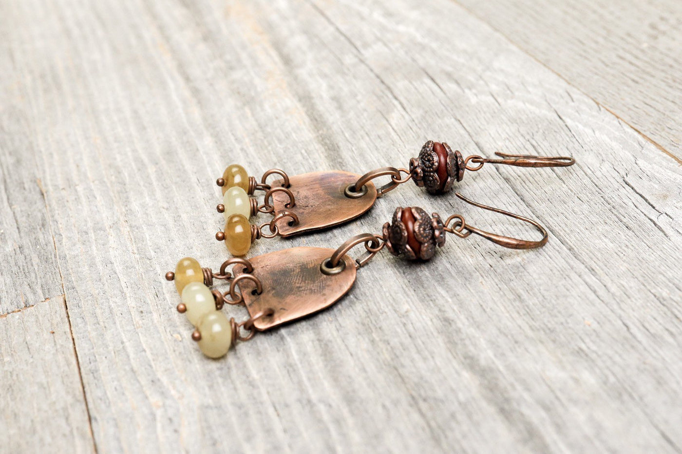 Cloudy Yellow Jade Copper Earrings - Distressed Stone Dangle Antique Boho Gypsy Big Hippie Unique Statement Bohemian Rustic Handmade Jewelry