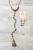 Silver Hematite Tassel Leather Necklace - Matte Metallic Bronze Brass Boho Statement Gypsy Stone Choker Gemstone Bohemian Chic Jewelry