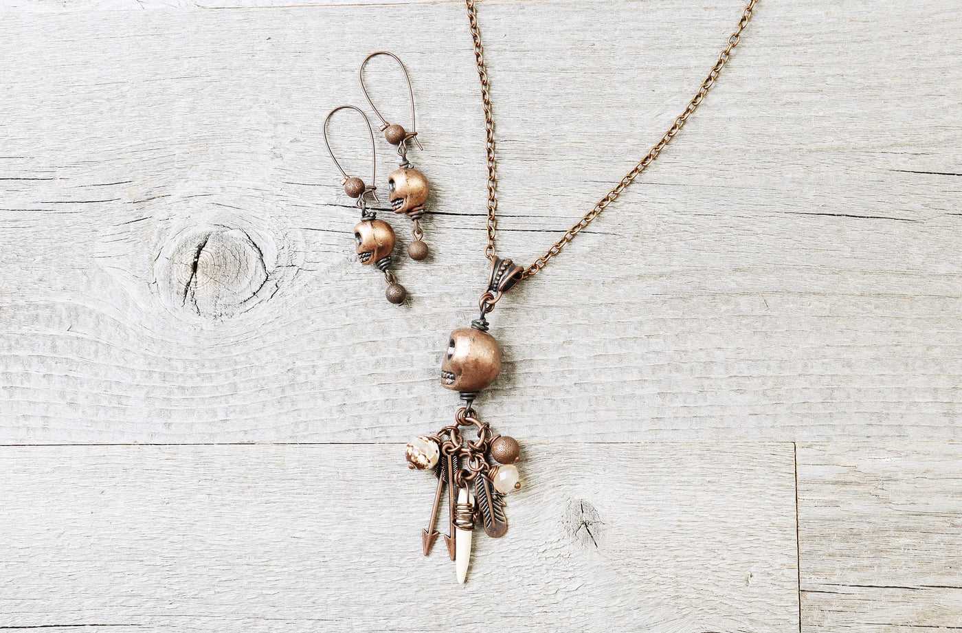 Skull Boho Necklace, Native American Indian Tribal Tooth Feather Cranium Antique Metal Pendant Gypsy Hippie Bohemian Earring Jewelry Set