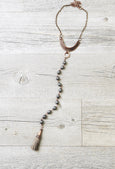 Charcoal Gray Hematite Tassel Leather Necklace - Matte Metallic Boho Statement Gypsy Stone Choker Gemstone Bohemian Chic Unique Jewelry Set
