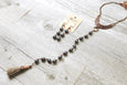 Charcoal Gray Hematite Tassel Leather Necklace - Matte Metallic Boho Statement Gypsy Stone Choker Gemstone Bohemian Chic Unique Jewelry Set