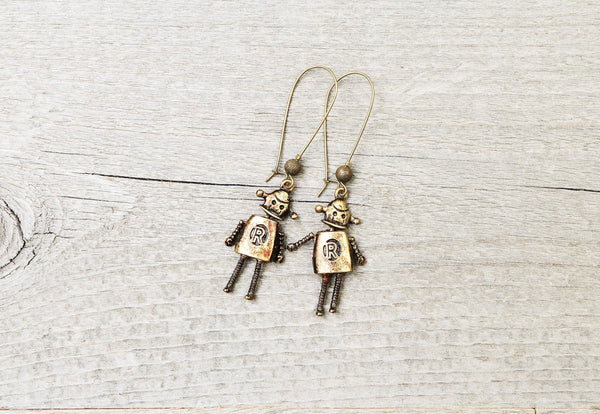 Robot Earrings - Tech Geek Fantasy Technology Sci Fi Alien Humanoid Engineer Robotics Steampunk Jewelry Unique Funky Quirky Antique Vintage