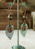 Boho Leaf Earrings, Vintage Dragonfly Earrings, Metal Patina Leaf Earrings, Blue Earrings