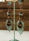 Boho Leaf Earrings, Vintage Dragonfly Earrings, Metal Patina Leaf Earrings, Blue Earrings