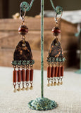 Ethnic Metal Gypsy Dangle Boho African Ethnic Earrings, Unique Rustic Colorful Red White Eclectic Bohemian Distressed Original Earrings