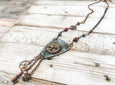 Steampunk Bohemian Clock Necklace - Agate Gear Cog Key Stone Antique Vintage Hippie Leather Boho Earthy Rustic Gypsy Unique Handmade Jewelry