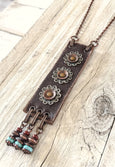 Boho Leather Long Gypsy Metal Filigree Ethnic Necklace, Rustic Earthy Hippie Turquoise Blue Stone Statement Bohemian Distressed Jewelry