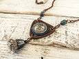 Ethnic Leather Boho Gypsy Rustic Earthy Tassel Blue Jasper Long Necklace, Southwestern Vintage Triangle Engraved Metal Distressed Jewelry