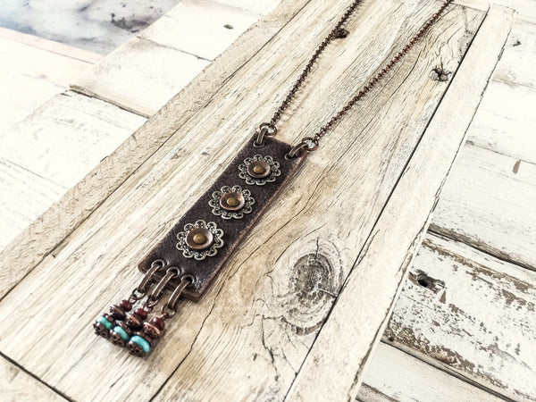 Boho Leather Long Gypsy Metal Filigree Ethnic Necklace, Rustic Earthy Hippie Turquoise Blue Stone Statement Bohemian Distressed Jewelry