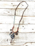 Boho Steampunk Rustic Pulley Leather Tassel Necklace, Distressed Journey Vintage Coin Agate Patina Gypsy Hippie Unique Unisex Jewelry
